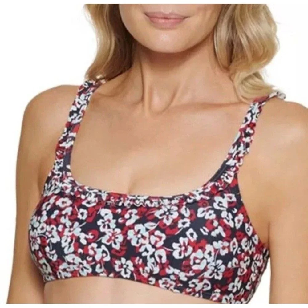 Tommy Hilfiger Bikini Top Womens XS Hamilton Floral Ruffle Bralette Blue Red NWT